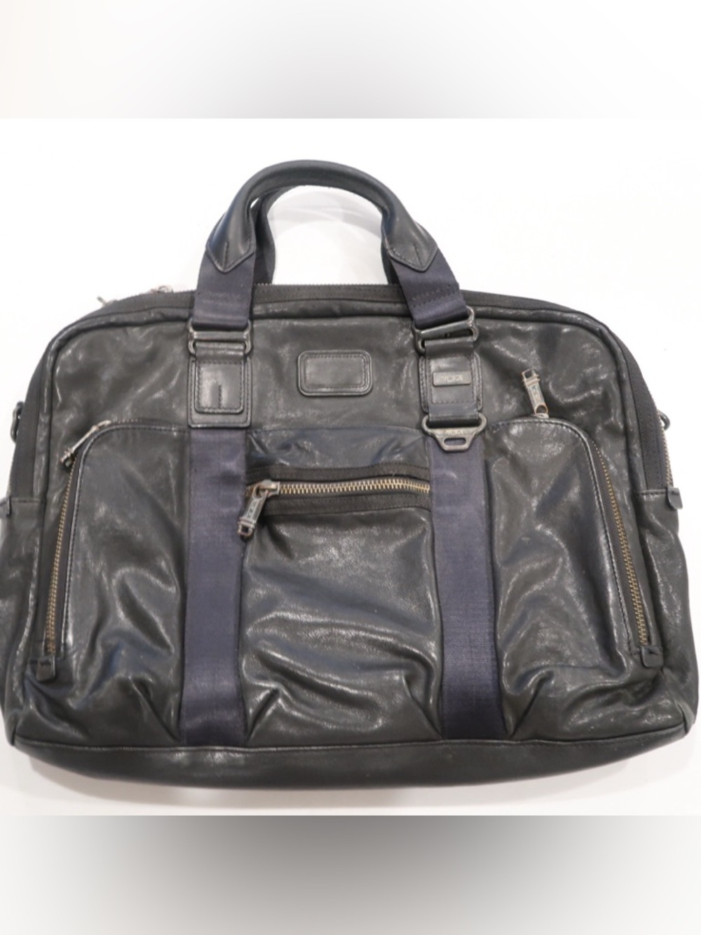 Tumi Black Leather Laptop Briefcase with Navy Webbing Straps
